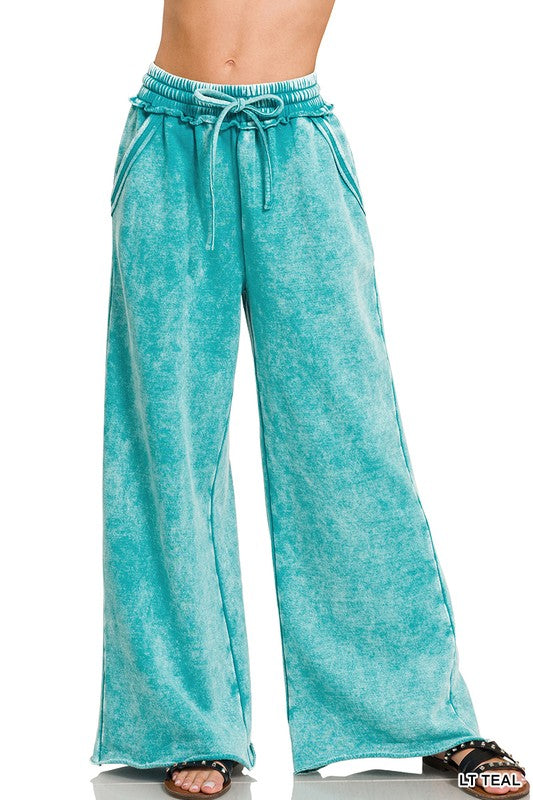 Acid Wash Fleece Palazzo Sweatpants With Pockets