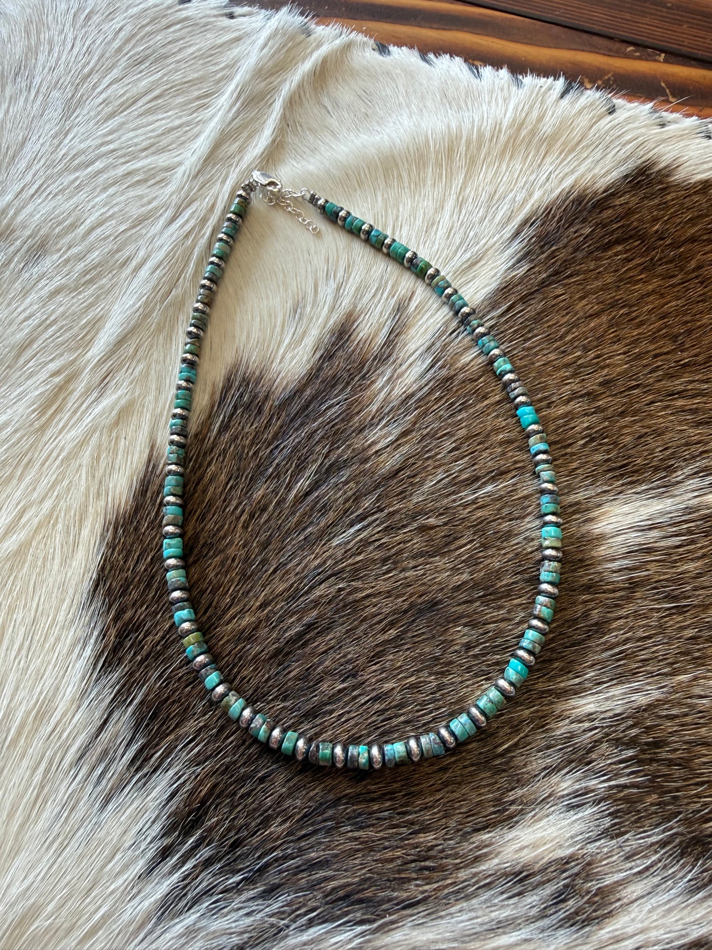 14" Turquoise Heishi & Sterling Silver Saucer Necklace