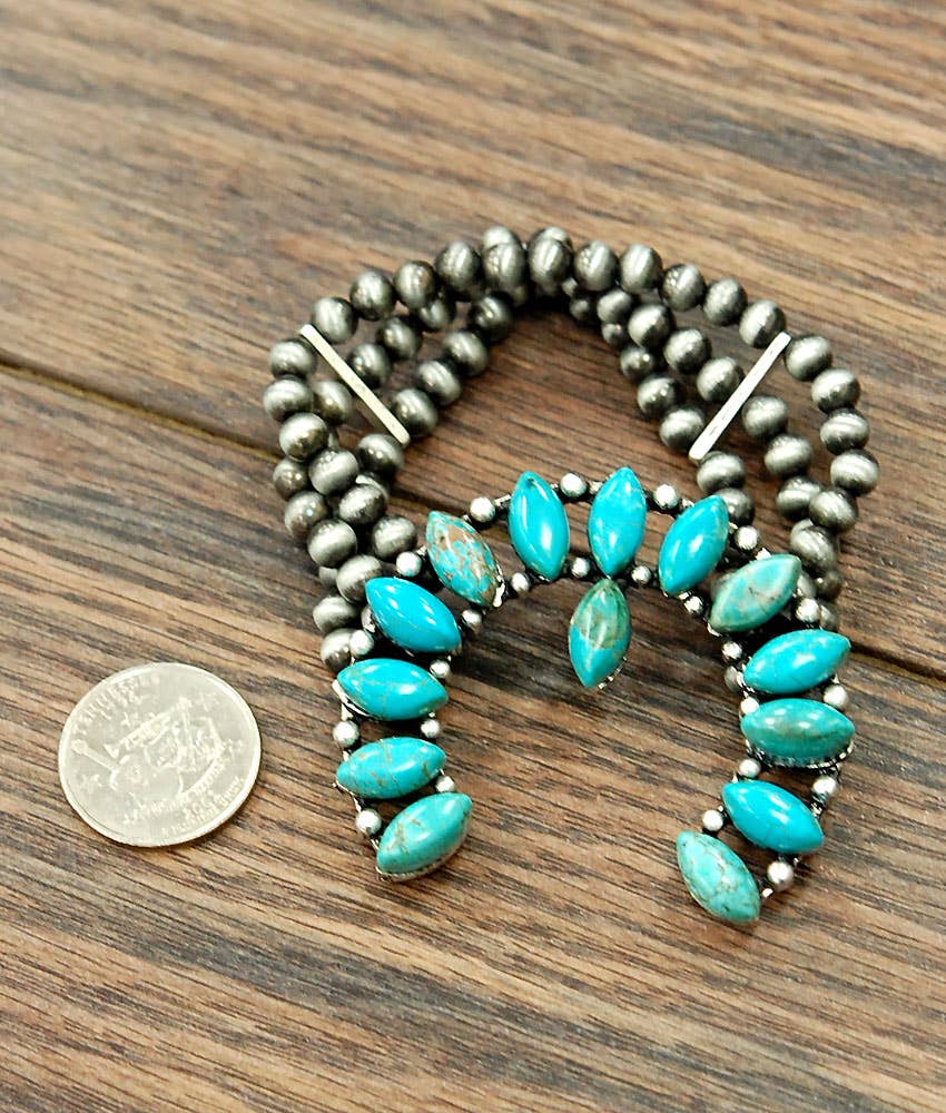710592, Handmade Squash Blossom Turquoise Stretch Bracelet
