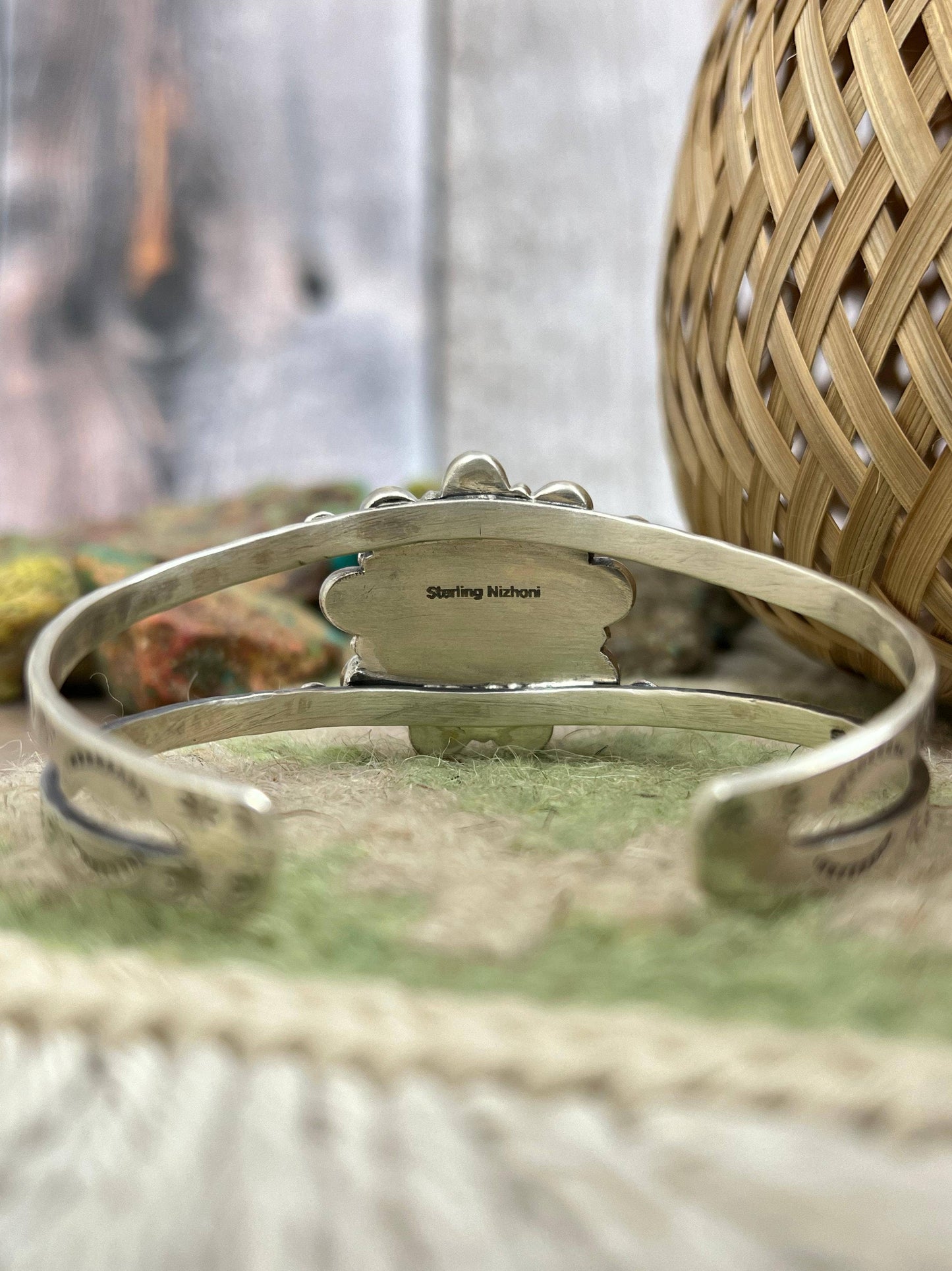 Handmade Sterling Silver Cotton Candy Turquoise Cuff Bracelet with Signed Nizhoni