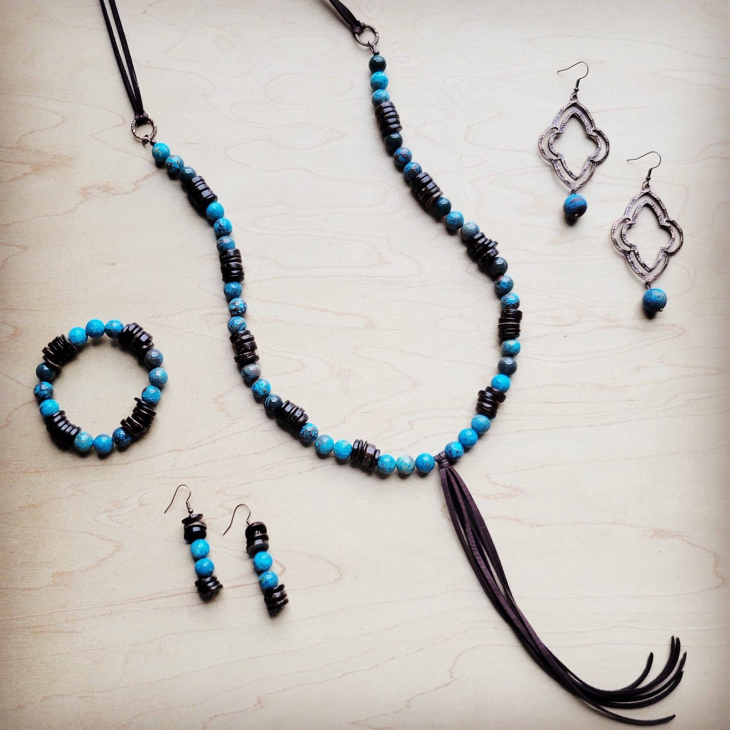 **Ocean Agate Beaded Bracelet Leather Tassel Arrowhead 810k