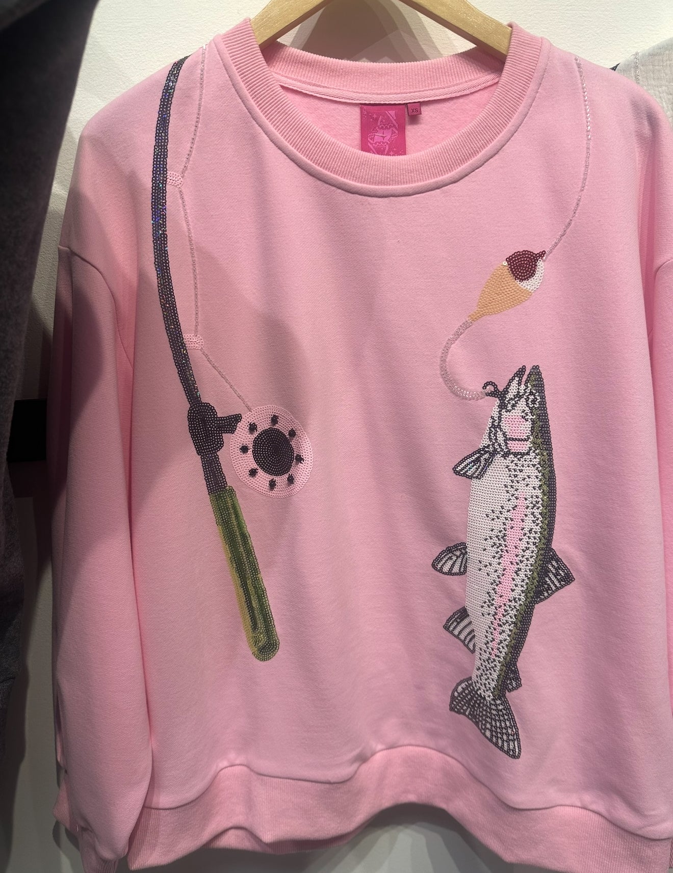 Queen Of Sparkles Pink Fishing Pole with Hooked Fish Sweatshirt