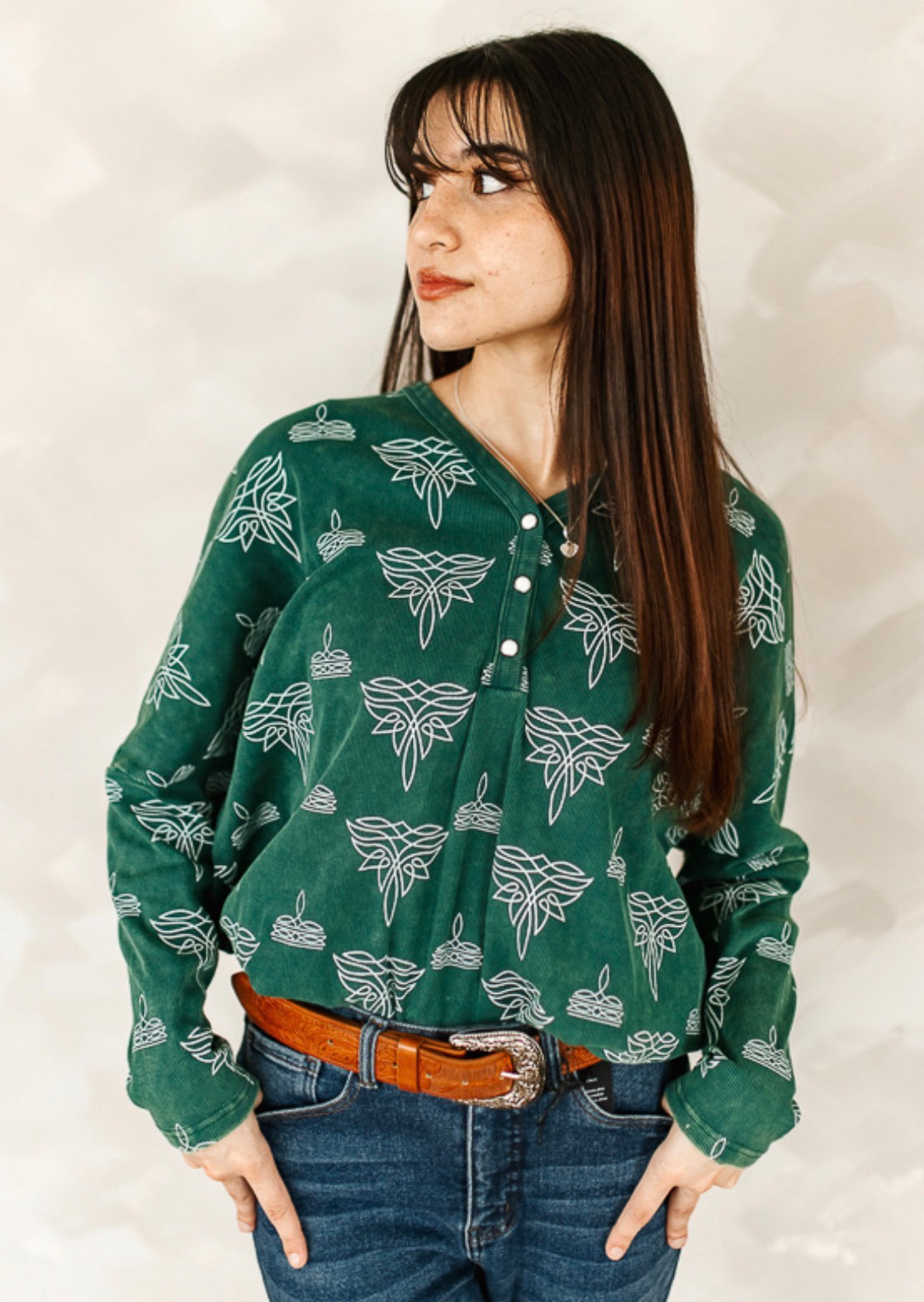 TEAL MINERAL WASH BOOT STITCH TOP
