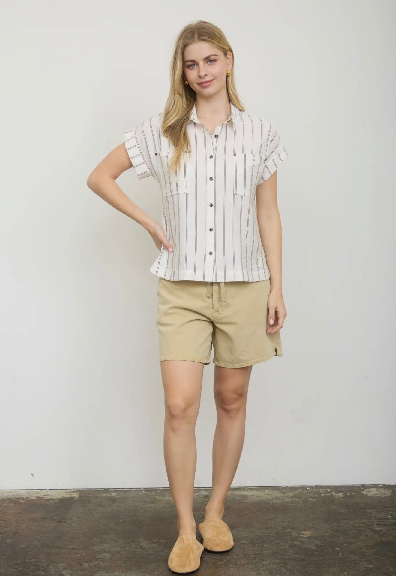 Stripe Collared Snap Button Down Short Sleeve Top