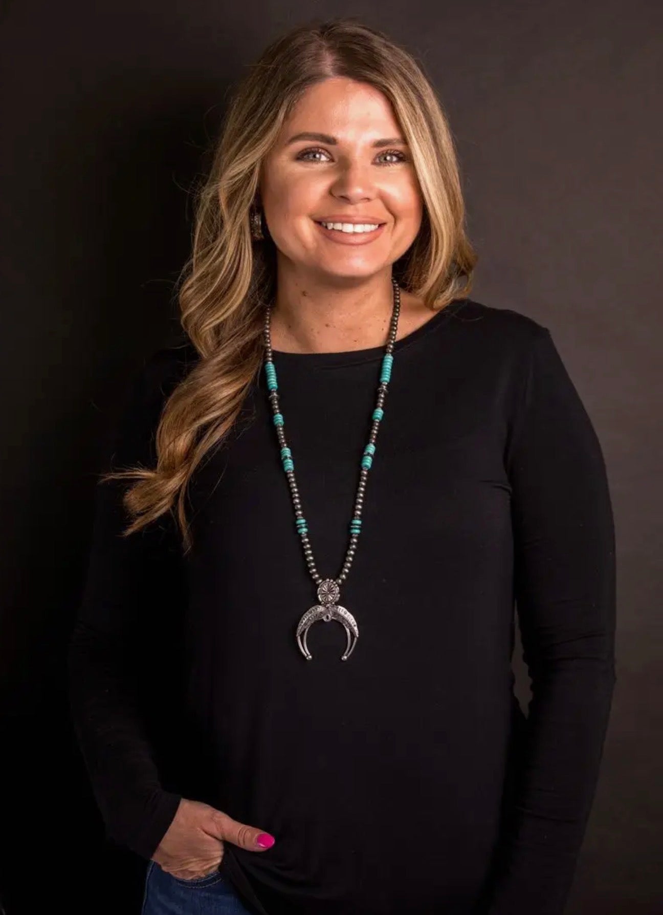 28" Turquoise & Faux Navajo Pearl
Necklace w/ Naja Pendant