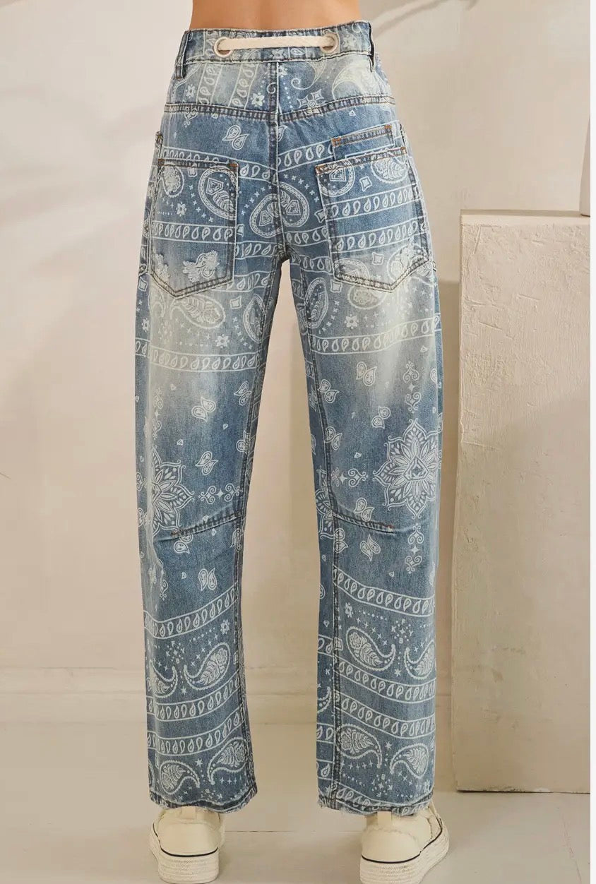 Washed Patty Paisley Patch Print Denim