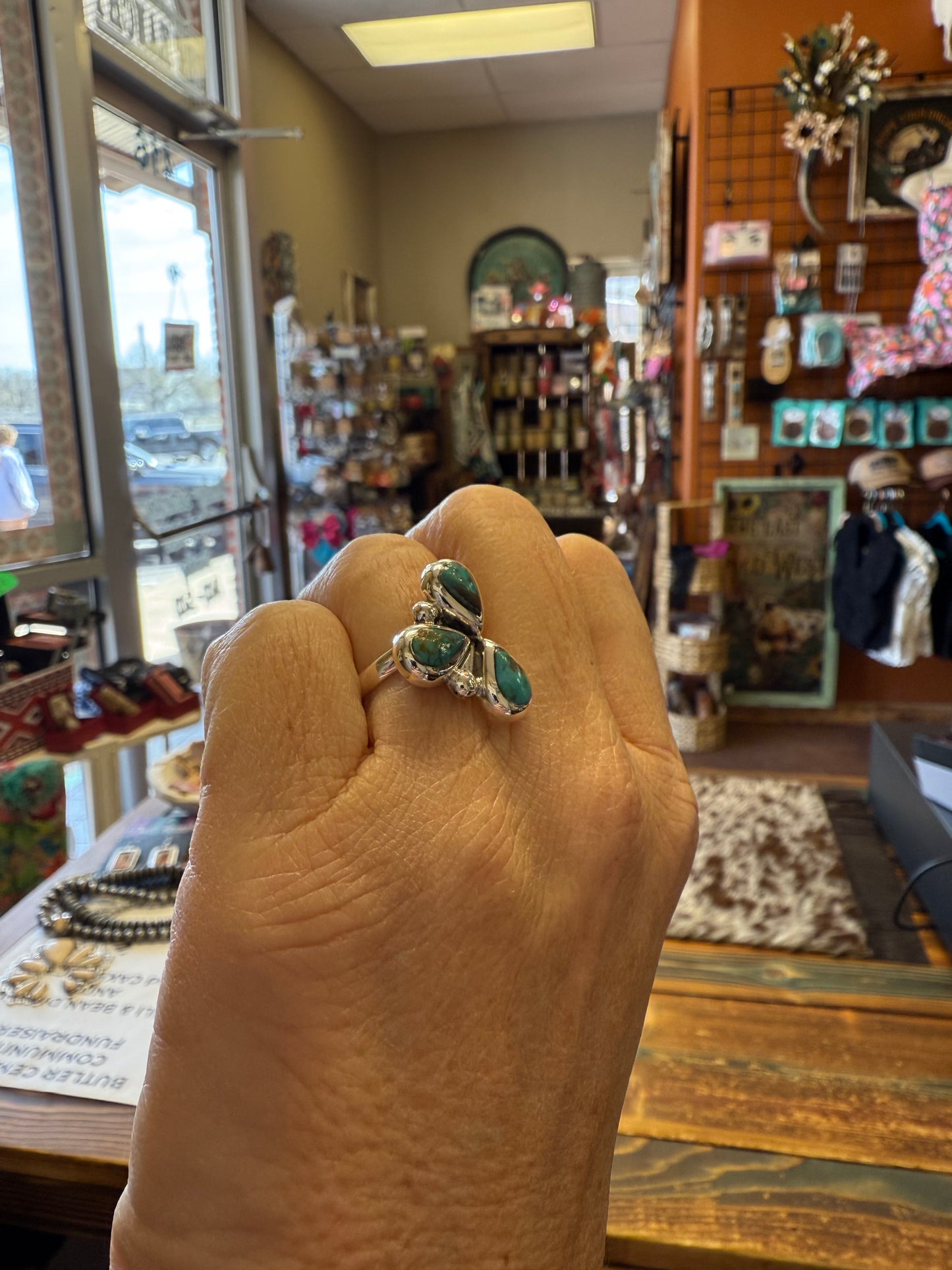 Genuine Turquoise Triple Teardrop Adjustable Ring