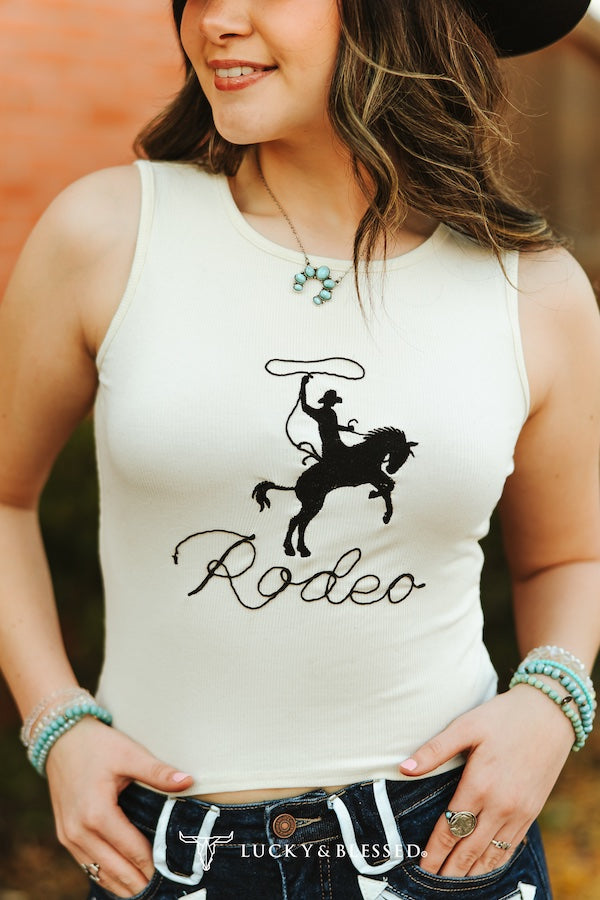 Ivory Rodeo Ribbed Embroidered Tank Western Top