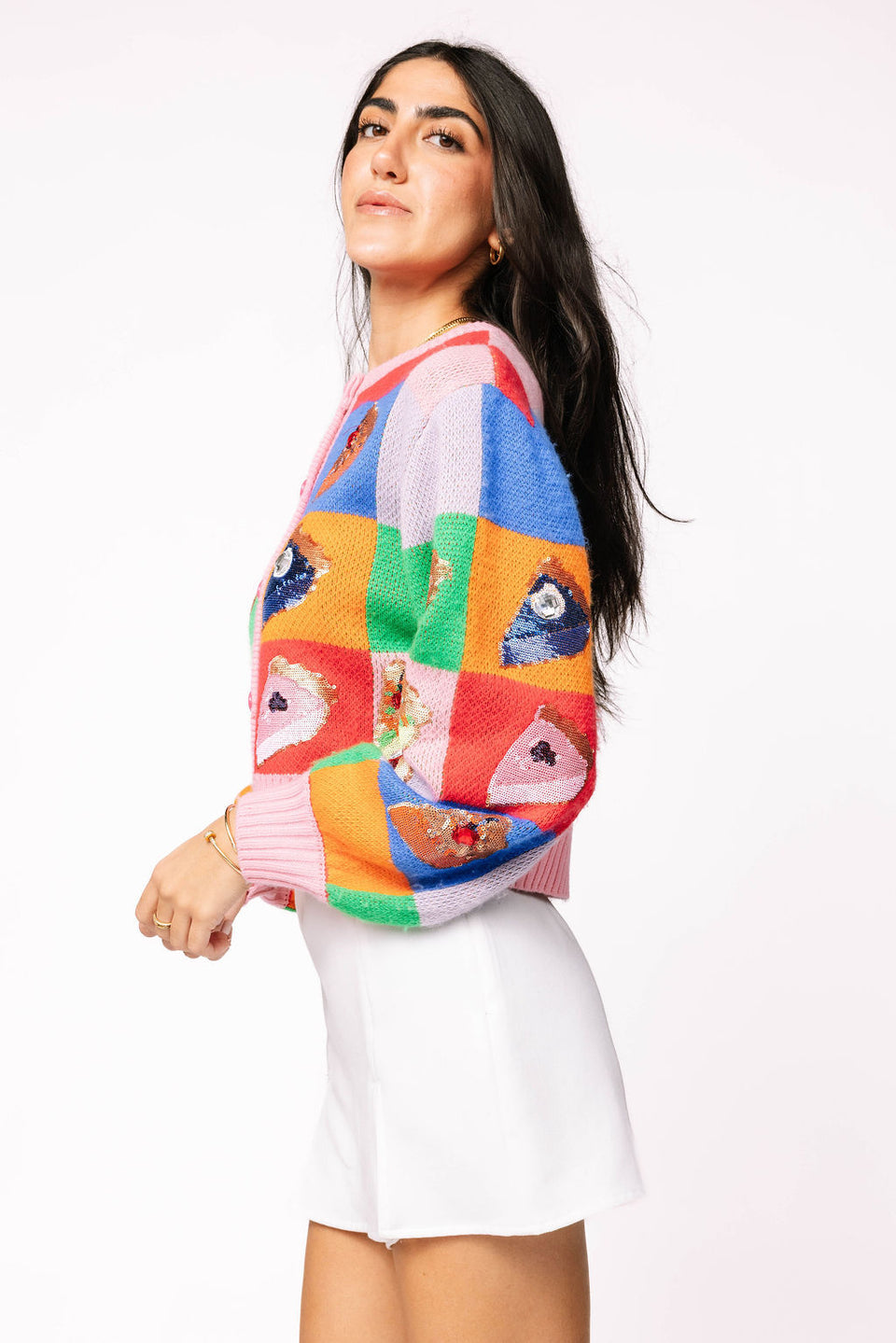 Queen Of Sparkles Rainbow Colorblock Piece of Pie Button Up Sweater