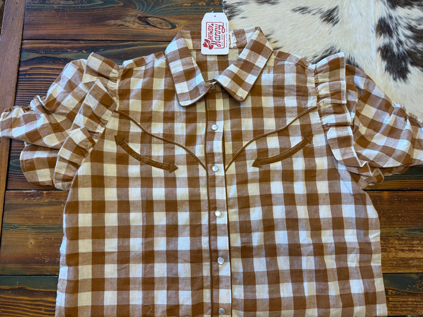 Brown Gingham Ruffle Pearl Snap