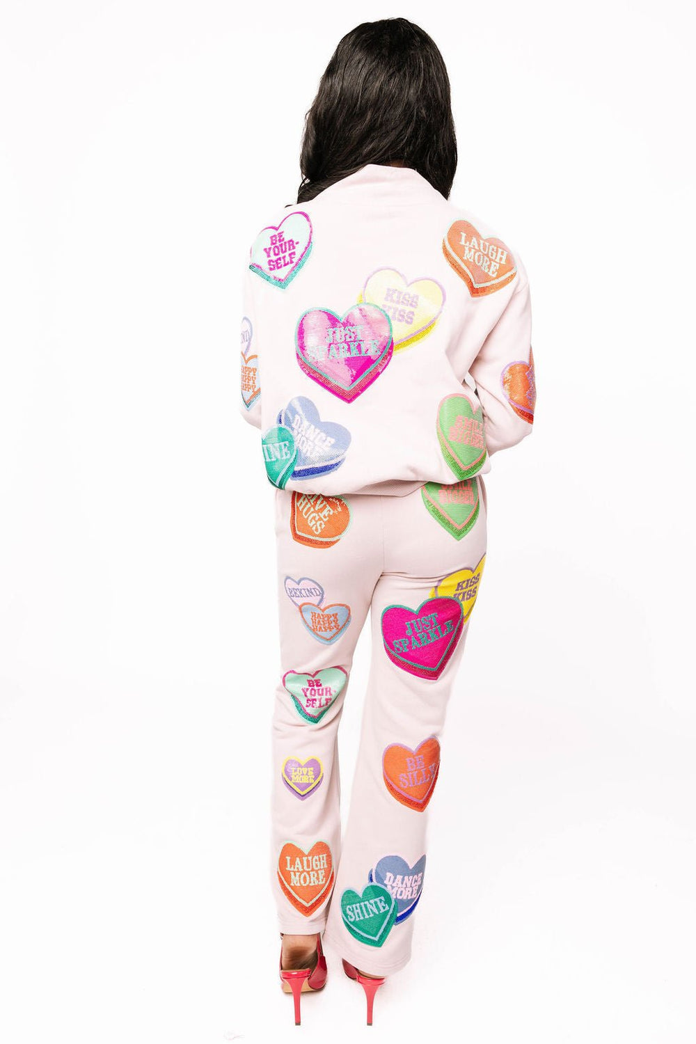 Queen Of SparklesPale Pink Multi Positive Hearts Sweatshirt OR Sweatpants