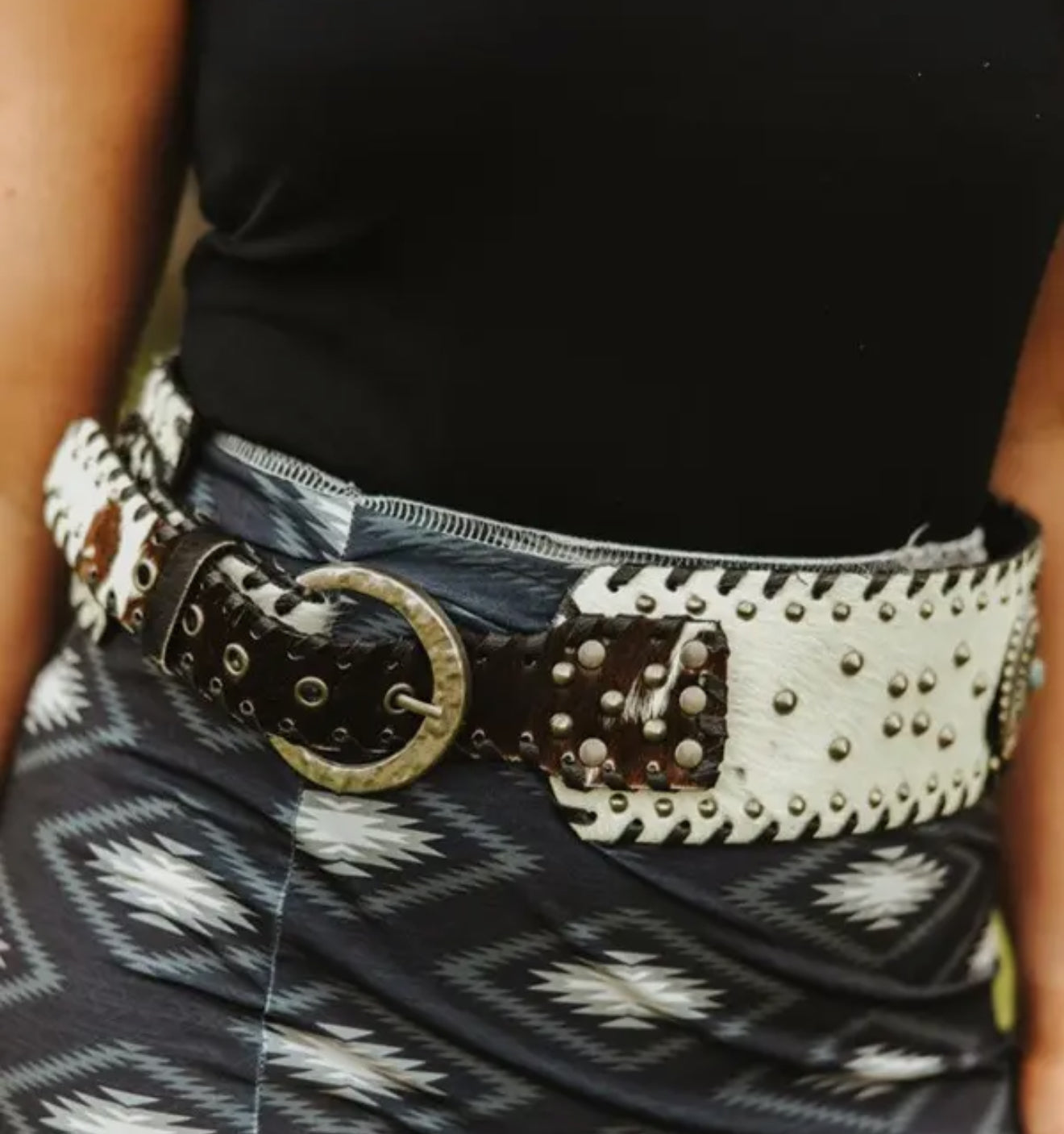 Black Cowhide Genuine Leather Studded Wide Belt