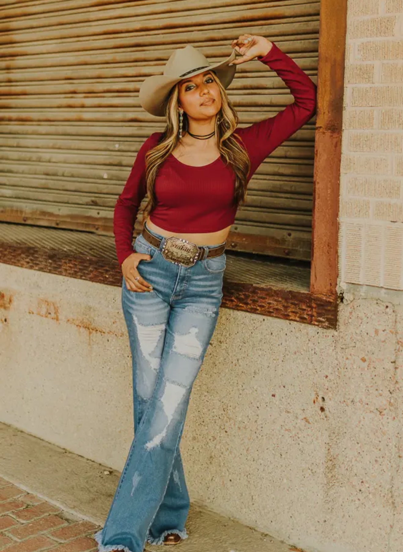 Ribbed Scoop Neck Long Sleeve Cropped Top