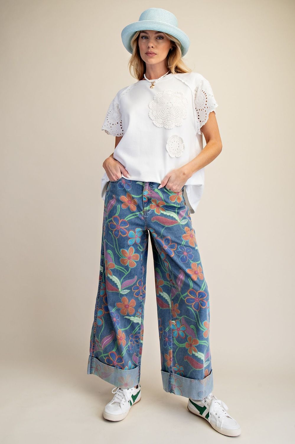 SIGNATURE PRINT WASHED STRETCH DENIM PANTS