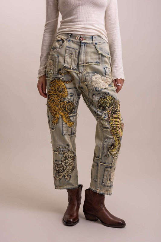 PATCHWORK TIGER DENIM PANTS
