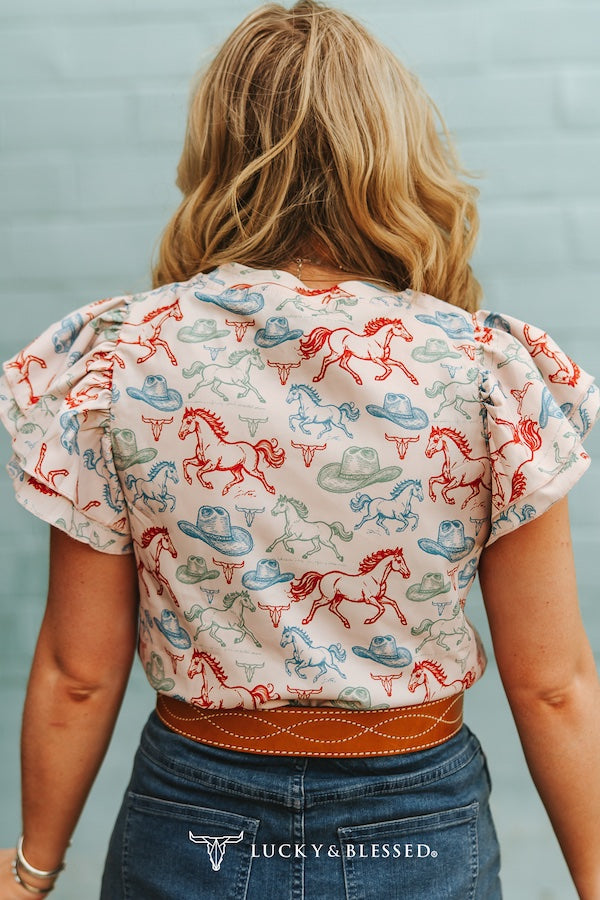 RUNNING HORSE DOUBLE FLUTTER SHORT SLEEVE TOP