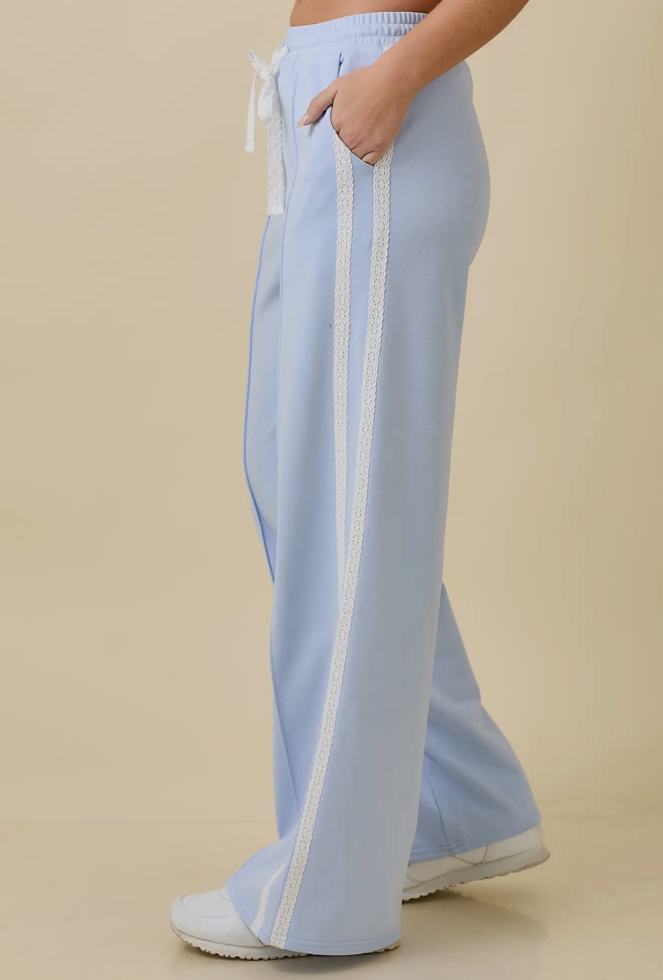 Half Zip Knit Terry Top with Lace Trim/Wide Leg Pants with Center Piping Detail