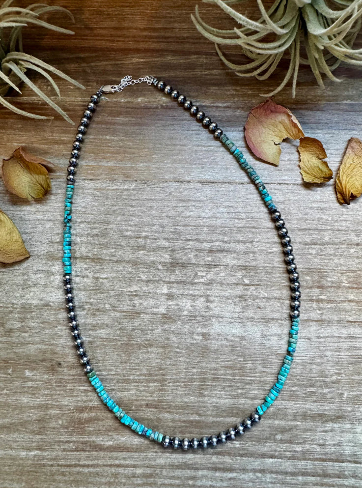Sterling Silver Pearl & Heishi
Turquoise Necklace - 19"