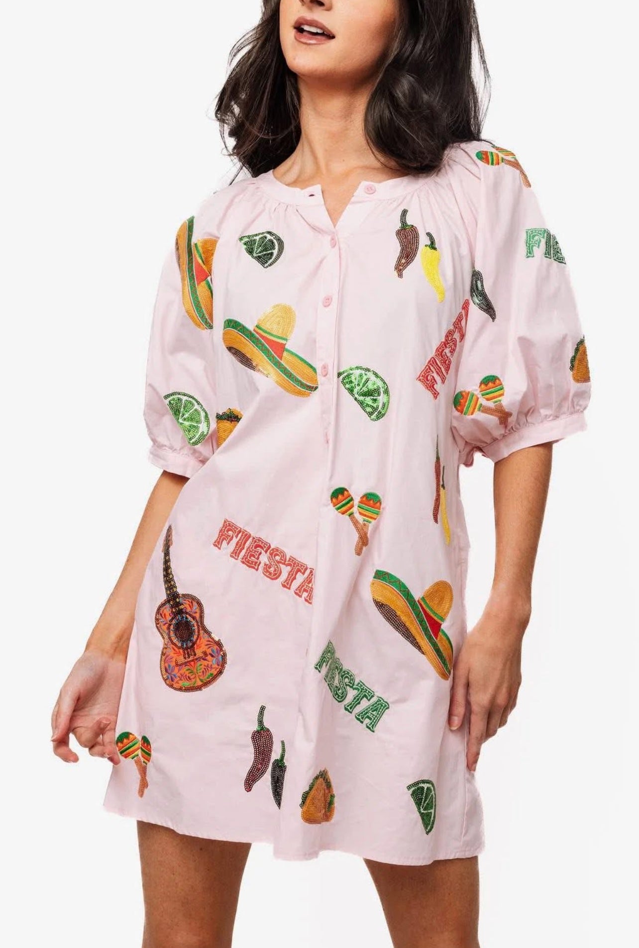 Queen Of Sparkles Light Pink Cinco Icon Button Up Cotton Dress