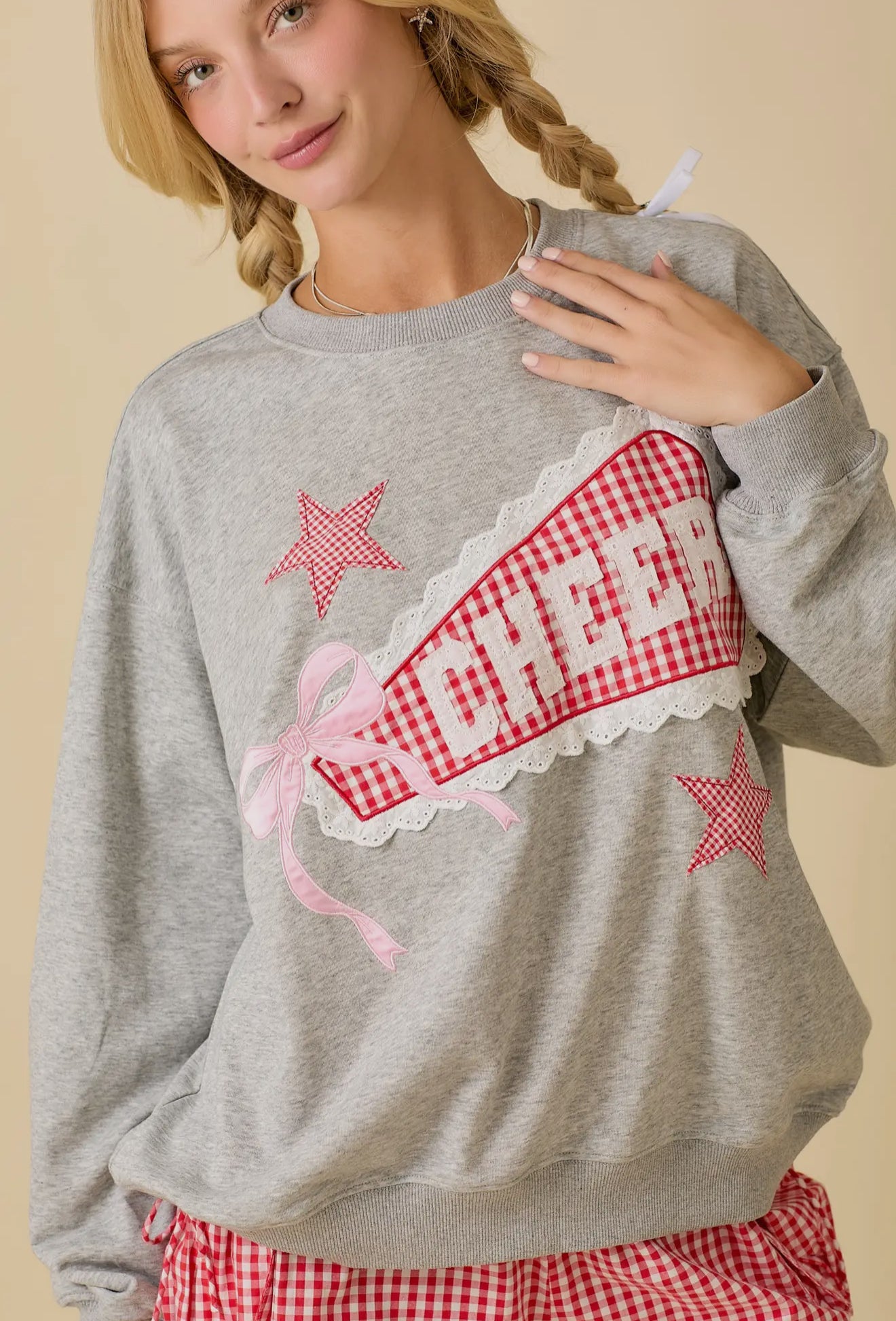 Cheer Patchwork Long Sleeve Crewneck