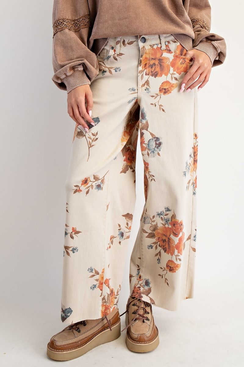 FLOWER PRINT STRETCH WASHED TWILL PANTS