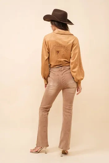 Suede Embroidered Tie Front Top