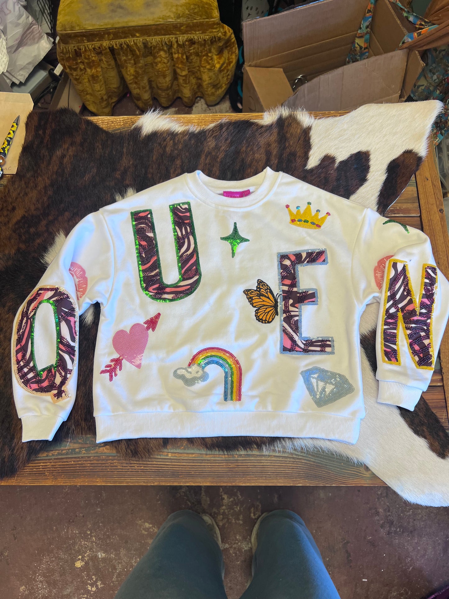 Queen Of Sparkles Kids White 'Queen' Icon Sweatshirt