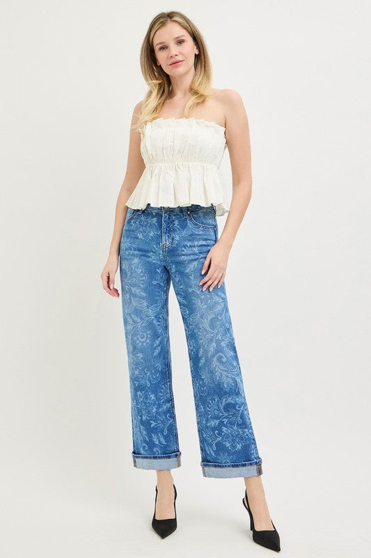 Risen - Mid Rise Ankle Straight Print Details Jeans