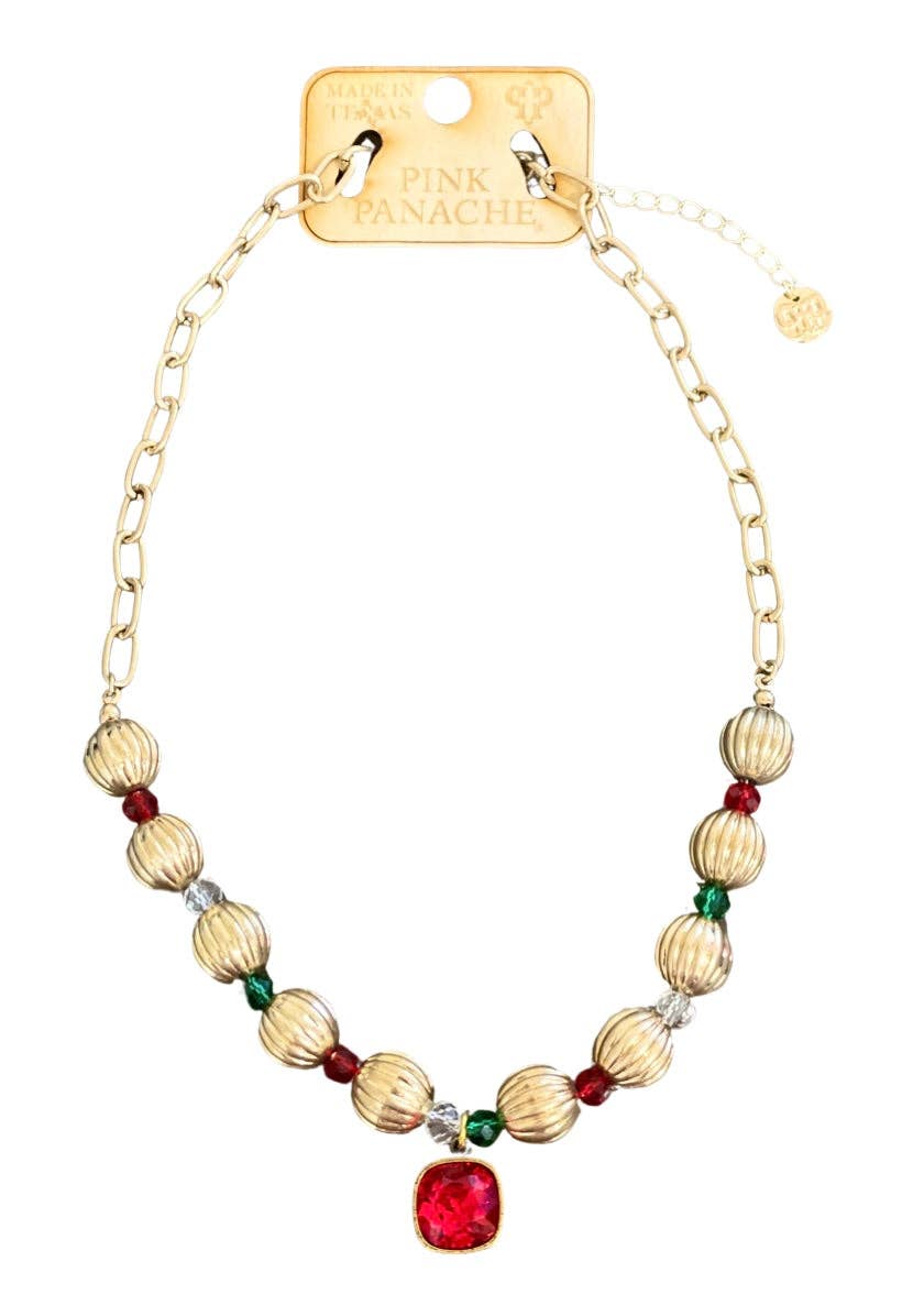 Christmas color and gold bead necklace, Austrian crystal - LC