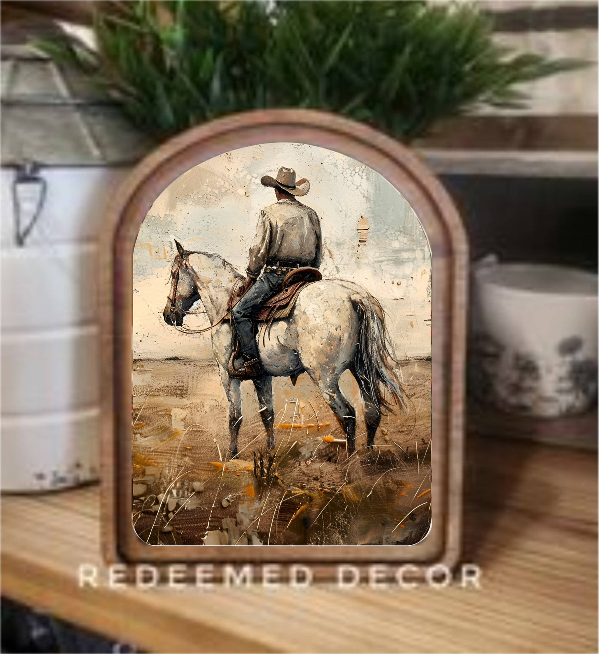 Arch Top White Horse Cowboy Framed Art