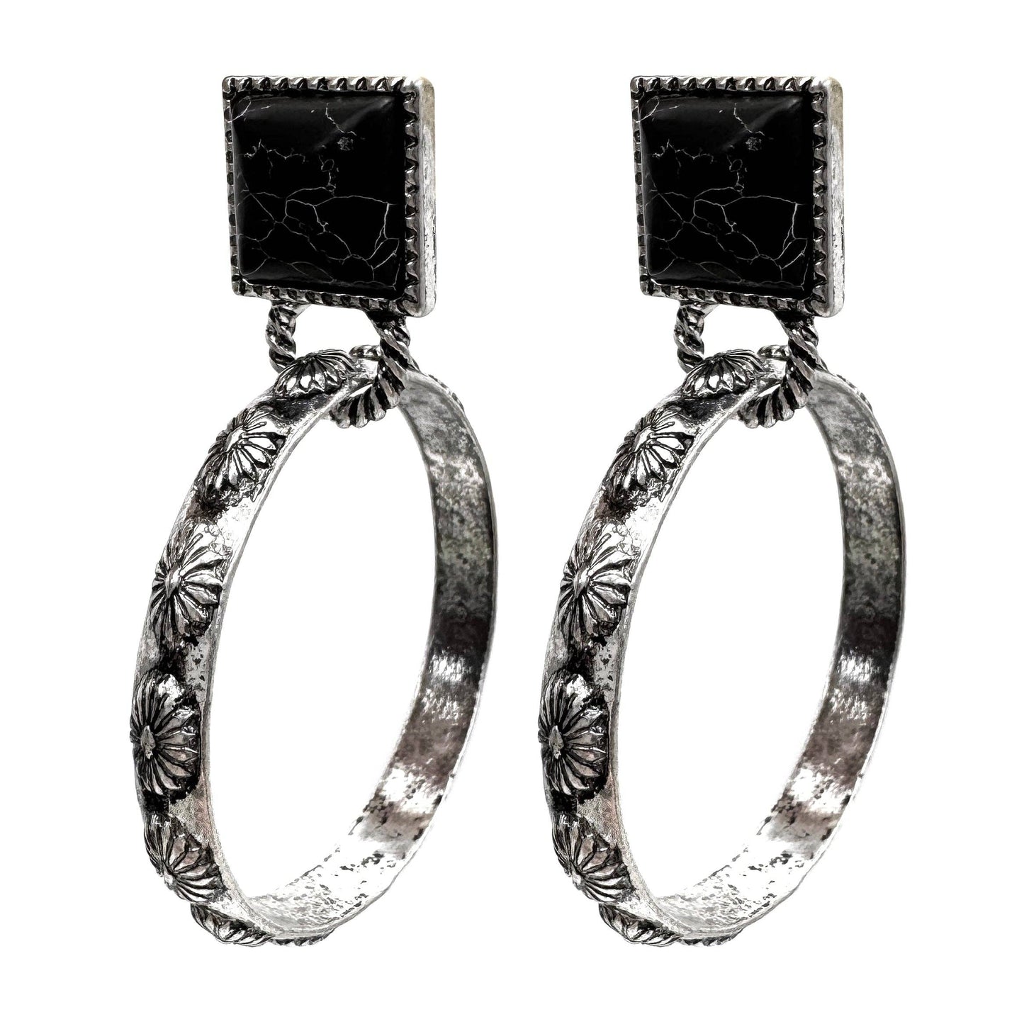 Square Stone Stud Western Hoop Earrings