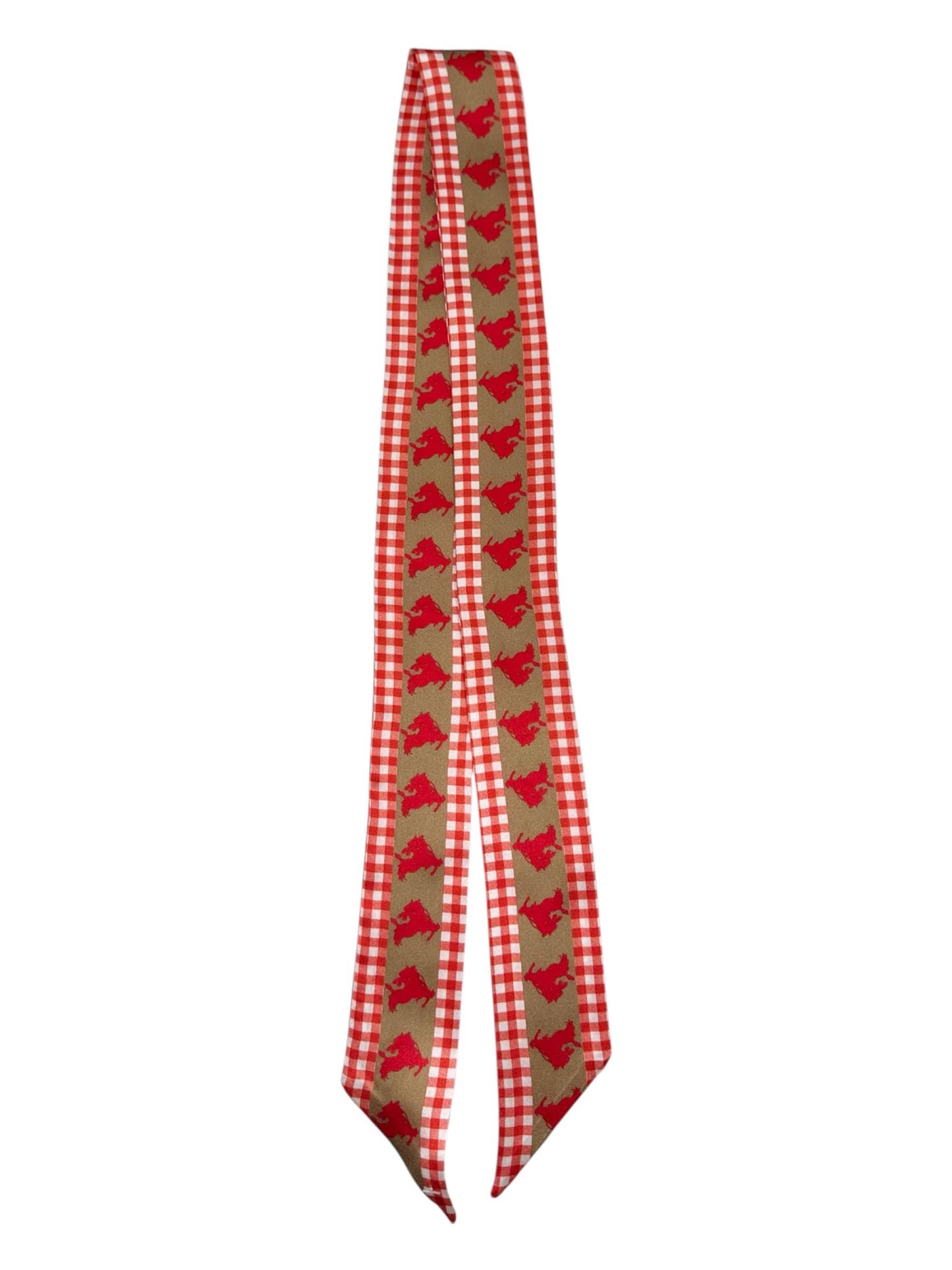 Tan Silk Twilly Scarf with Red Buck Horse and Red Gingham
