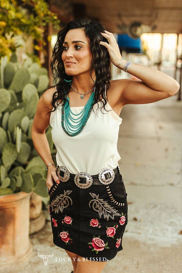 Black Stretch Suede Floral Embroidered Skirt