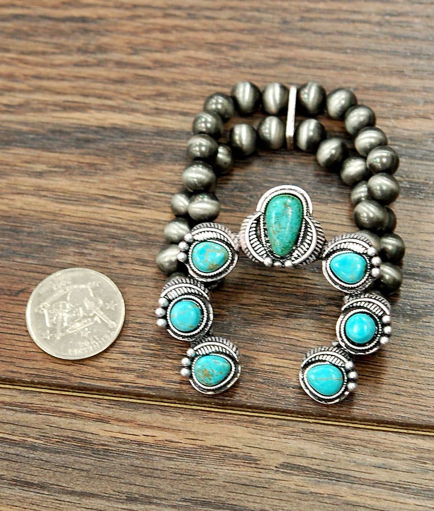 710723, Handmade Squash Blossom Turquoise Stretch Bracelet