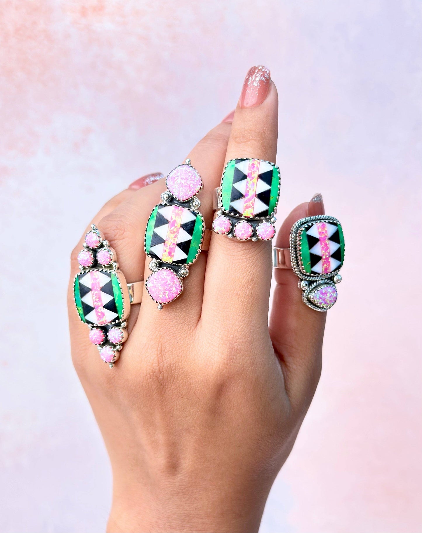 Fiery Pink Opal Aztec Pattern Small Rings