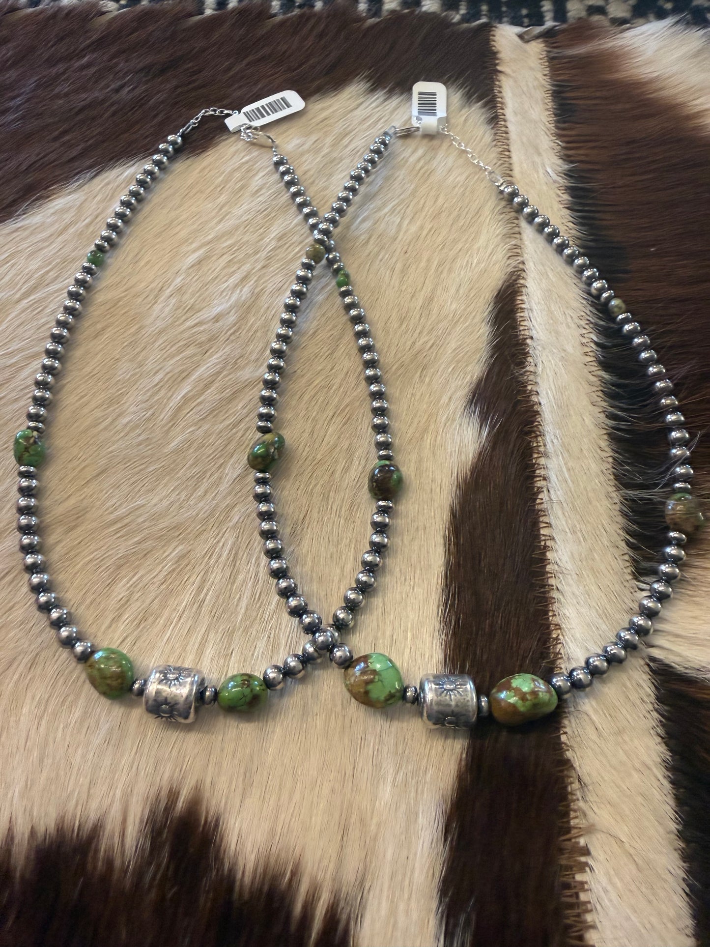 Rare Sonoran Gold Turquoise & Sterling Silver Barrel Bead Necklace
