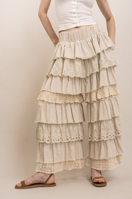 EYELET & LACE MIX TIERED LACE RUFFLE PANTS