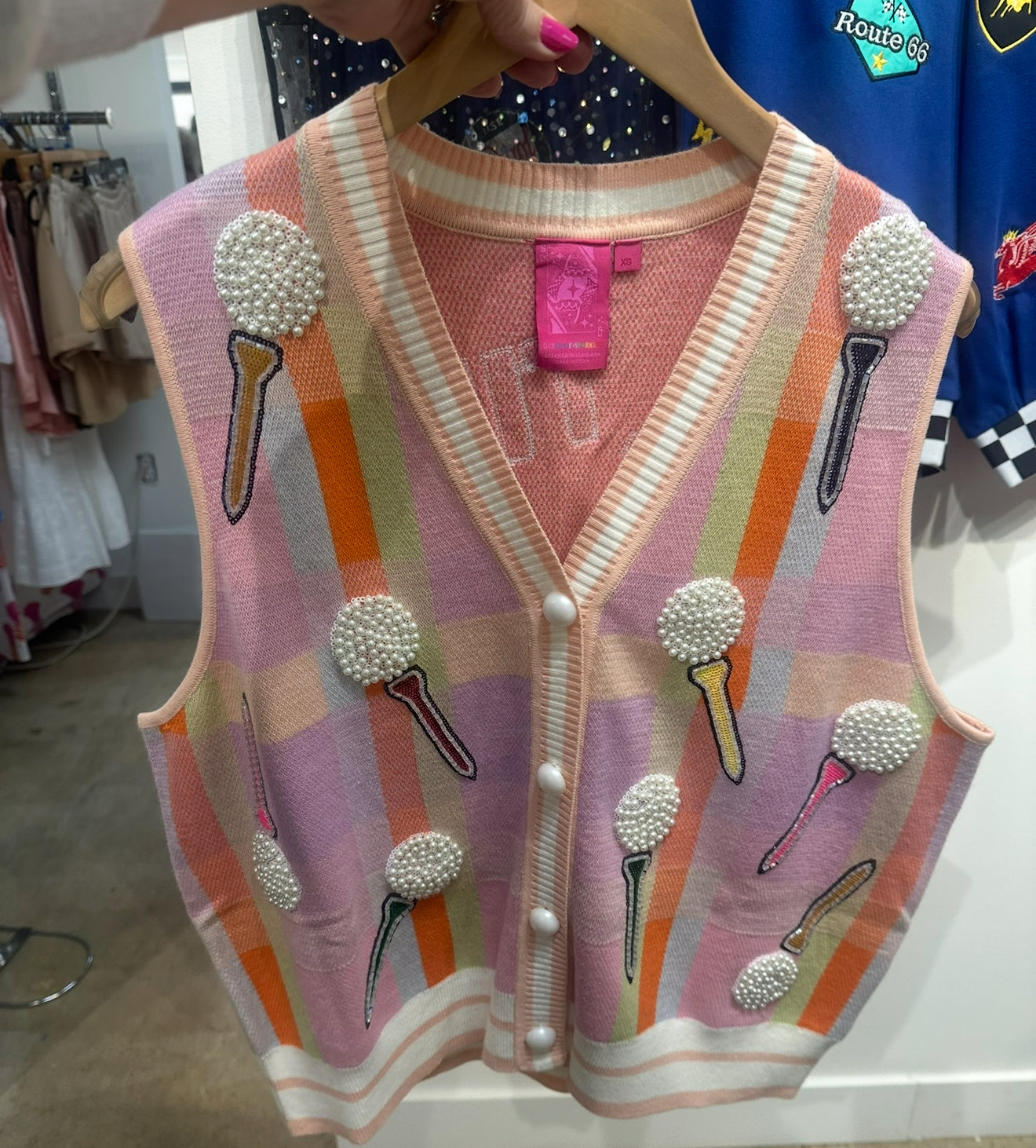 Queen Of Sparkles Light Pink Plaid Golf 'Tee Time' Sweater Vest
