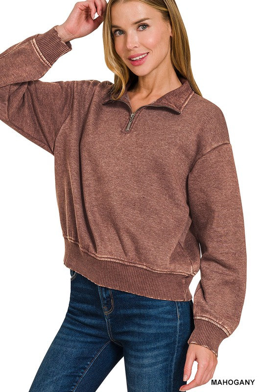 ACID WASH FLEECE HALF ZIP PULLOVER