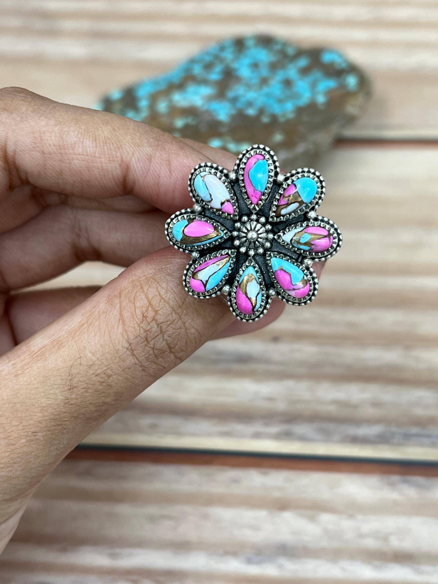 Handmade Sterling Silver Cotton Candy Turquoise Adjustable Ring with Signed Nizhoni