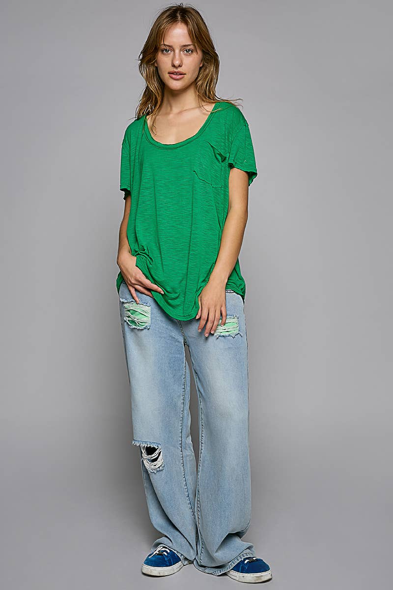 Scoop Neck Rayon Slub Tee with Pocket Front and Short Sleeve