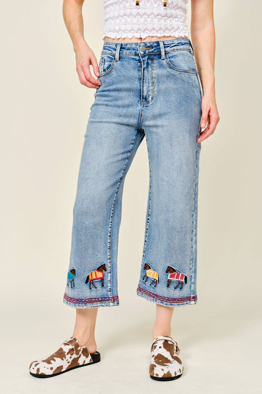 Horse Embroidered Cropped Denim