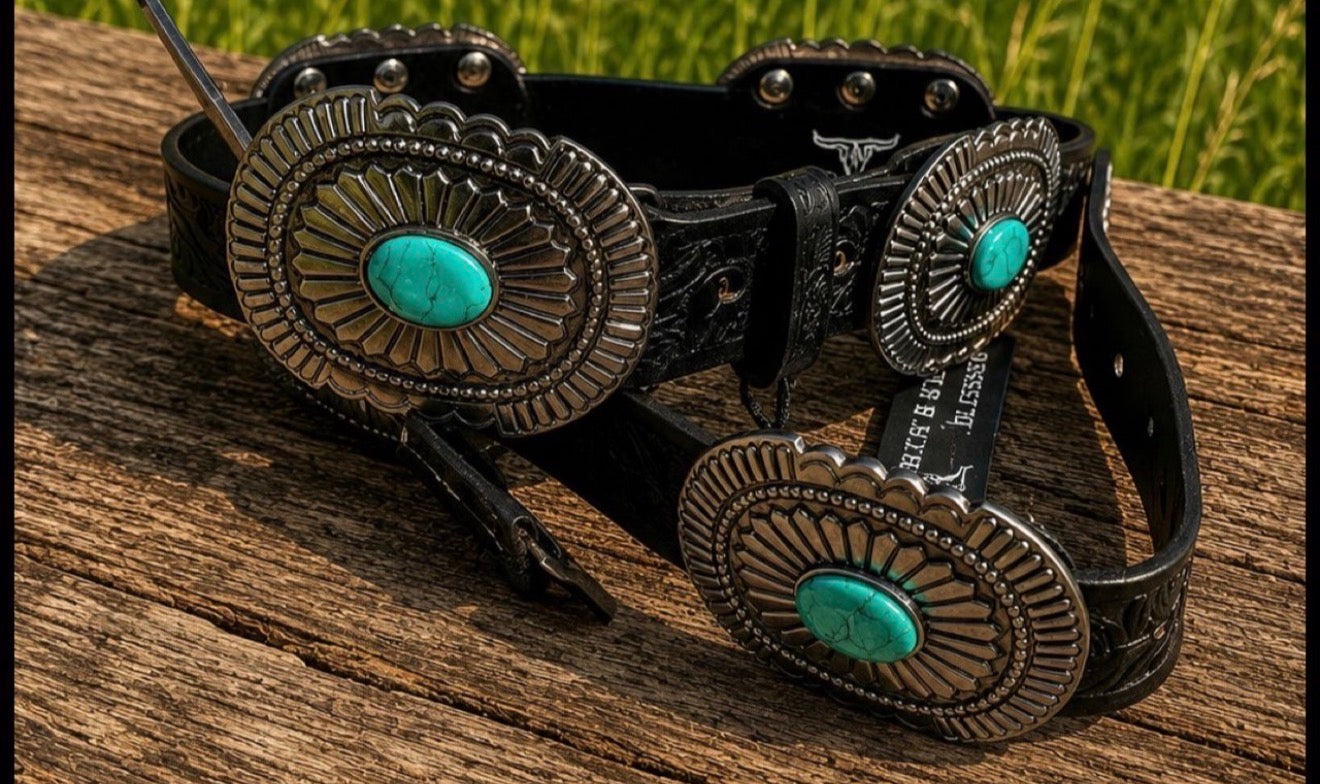 BLACK TOOLED OVAL STONE CONCHO GENUINE LEATHER BELT