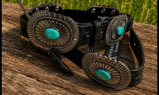 BLACK TOOLED OVAL STONE CONCHO GENUINE LEATHER BELT