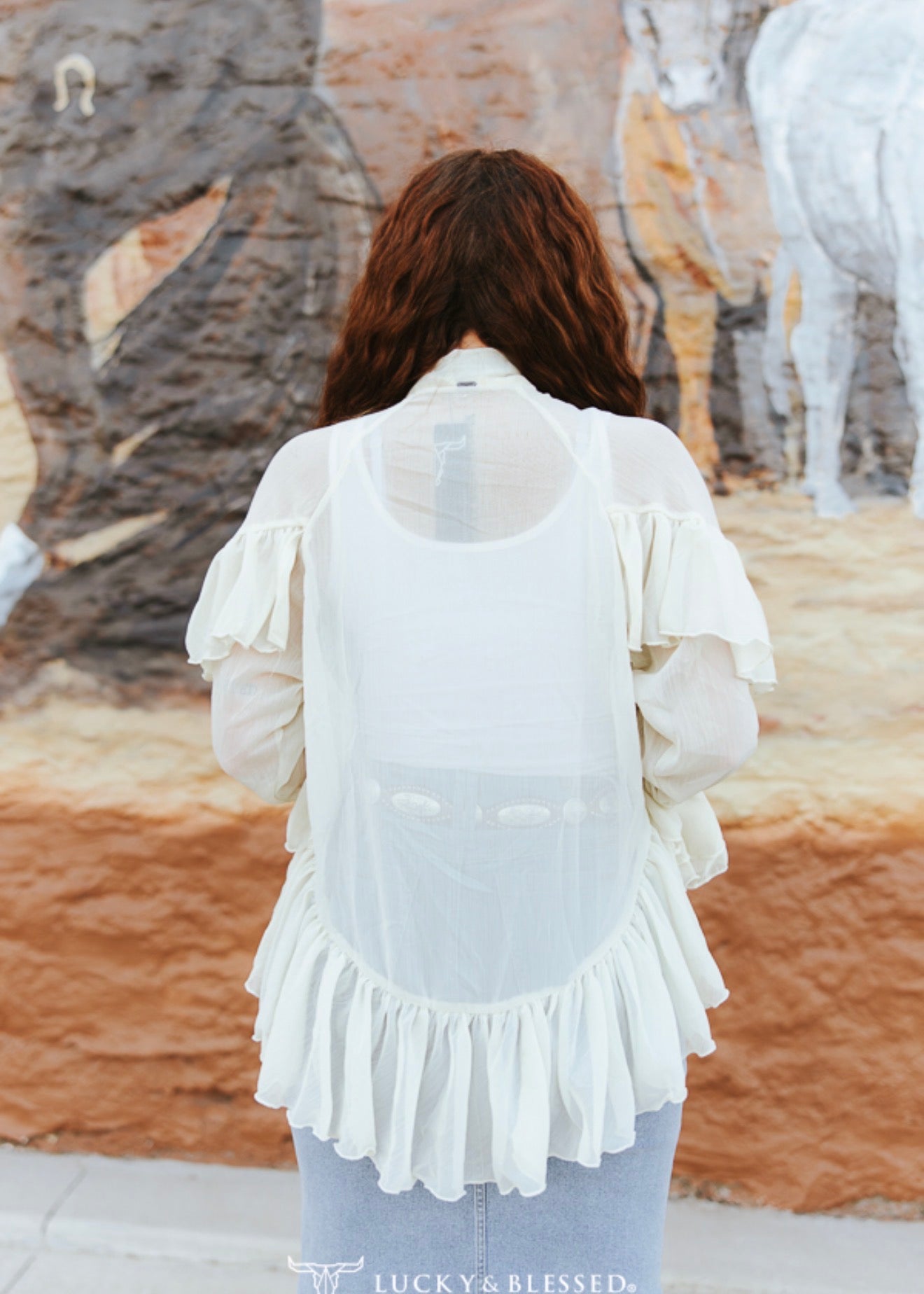 SHEER RUFFLE TIE NECK WESTERN BLOUSE
