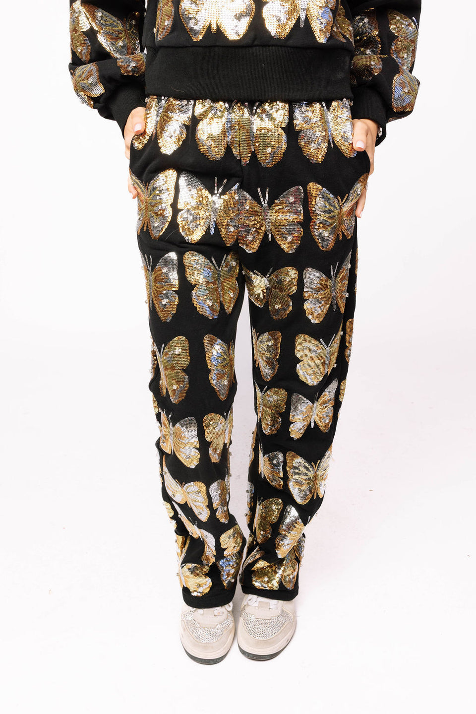 Queen Of Sparkles Black & Gold Sequin Butterfly Mockneck Sweatshirt OR Sweatpant