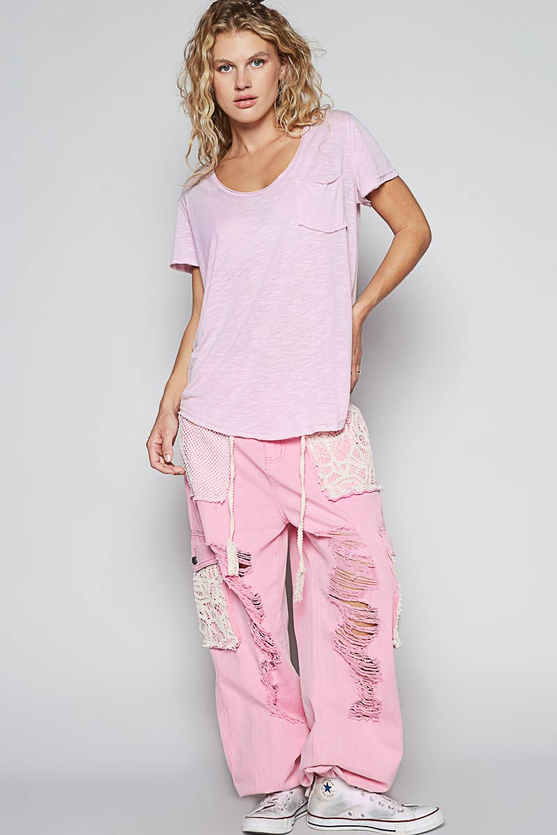 Scoop Neck Rayon Slub Tee with Pocket Front and Short Sleeve