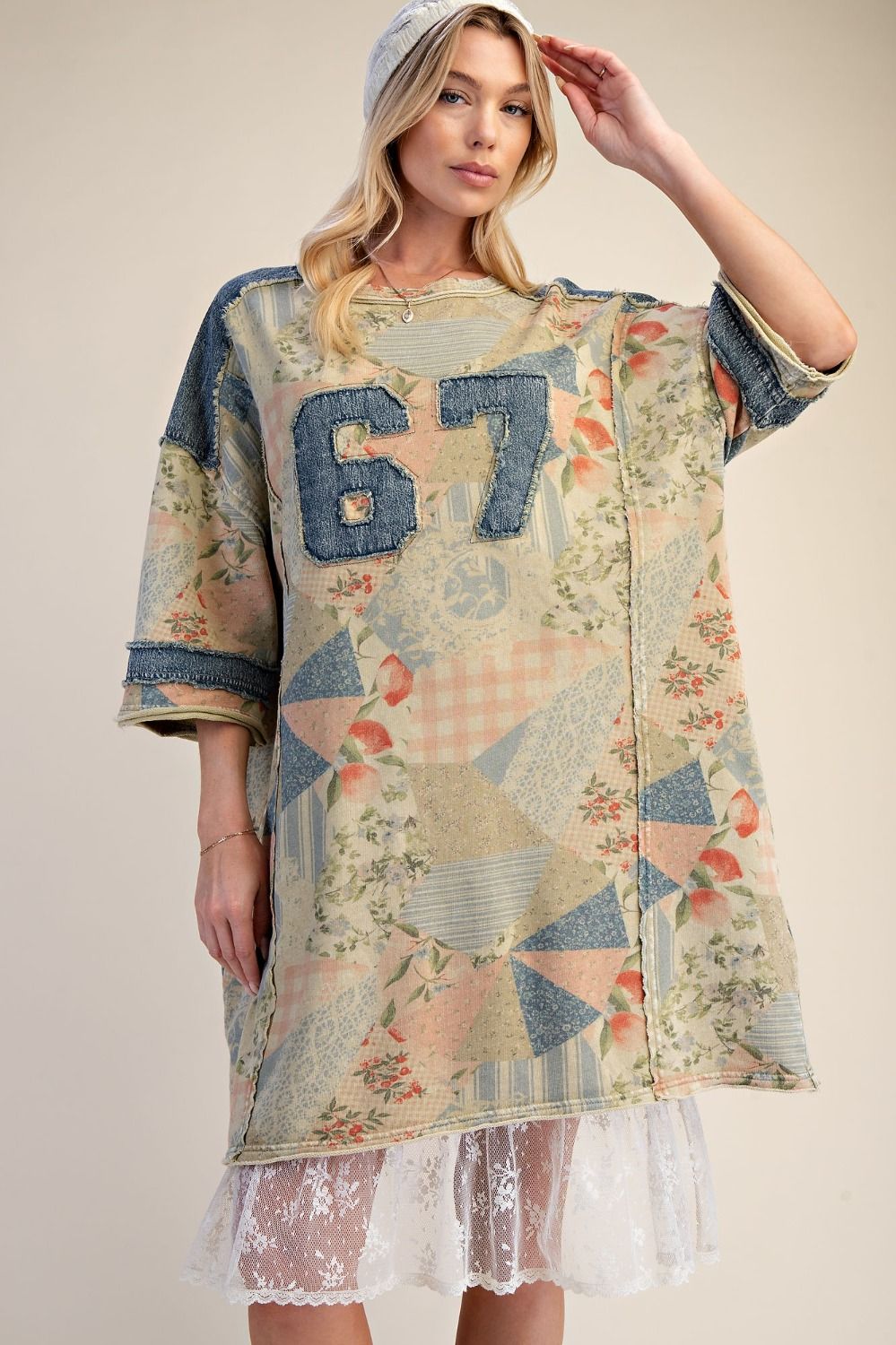 RETRO 67 PATCH FRONT WASHED TERRY T-SHIRT DRESS