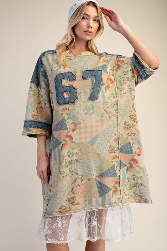 RETRO 67 PATCH FRONT WASHED TERRY T-SHIRT DRESS