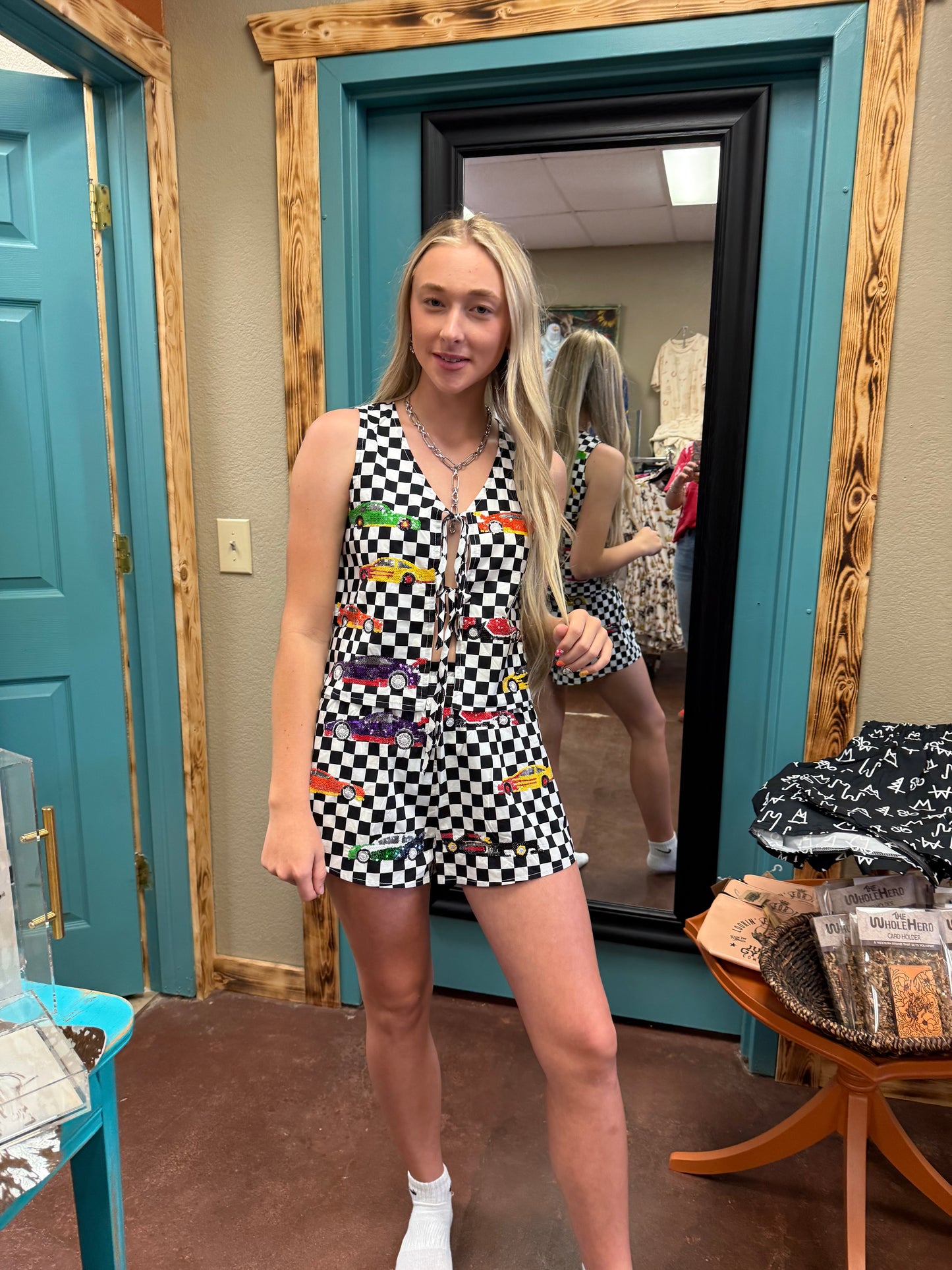 Queen Of Sparkles Checkered Cotton Race Car Top OR Shorts